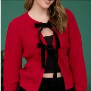 NWT Blu Pepper Red Cardigan Sweater with Black Bow Accents in size small